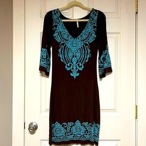 Brown and turquoise embroidered dress